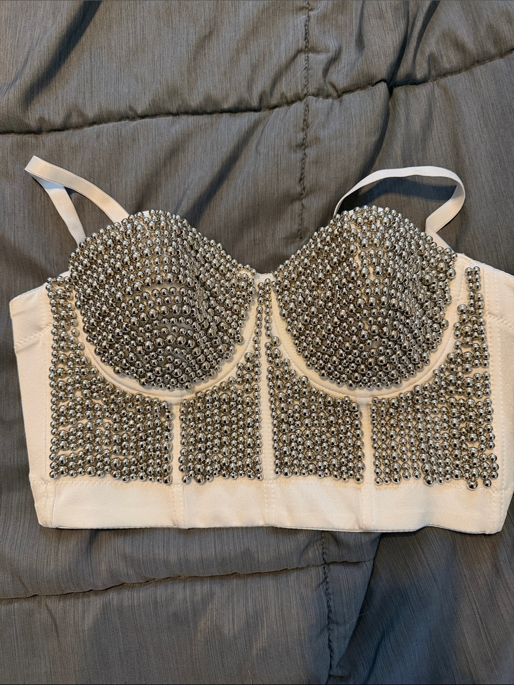 Embellished White Rhinestone Bustier Crop Top
